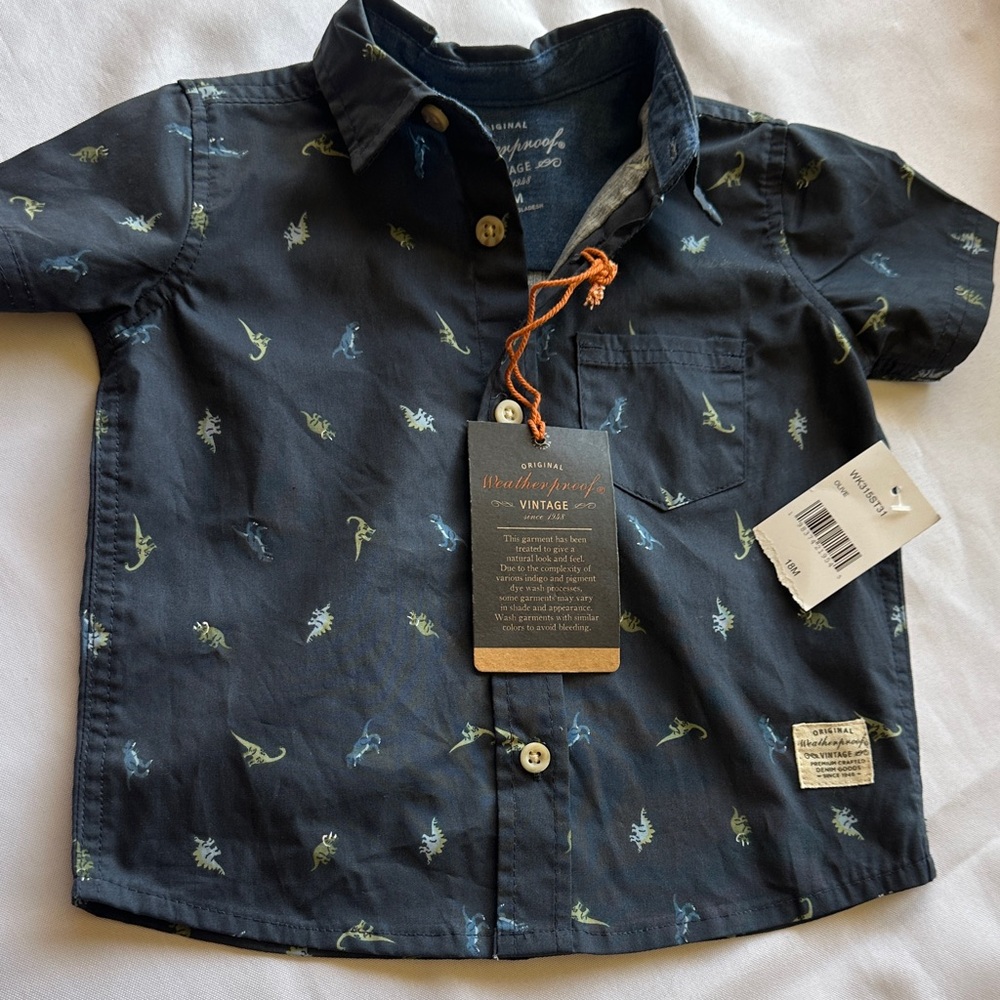 NWT Weatherproof Kids Navy and Green Dinosaur Button Down Shirt
